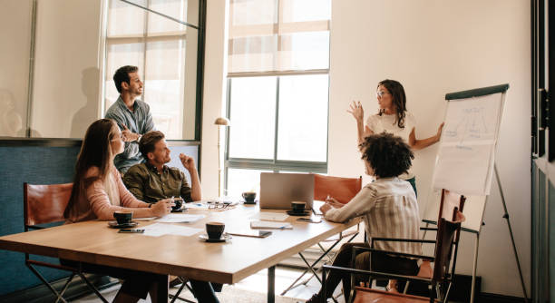 team meeting in boardroom for exploring new business strategies - writing whiteboard men businessman imagens e fotografias de stock