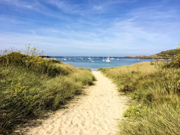 A sandy path leading to Braye beach in Alderney