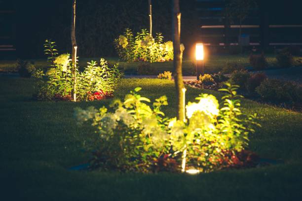 Lawn Spotlight Illumination Front Yard Spotlight Illumination at Night. Elegant Lawn in Front of the House. landscape lighting stock pictures, royalty-free photos & images