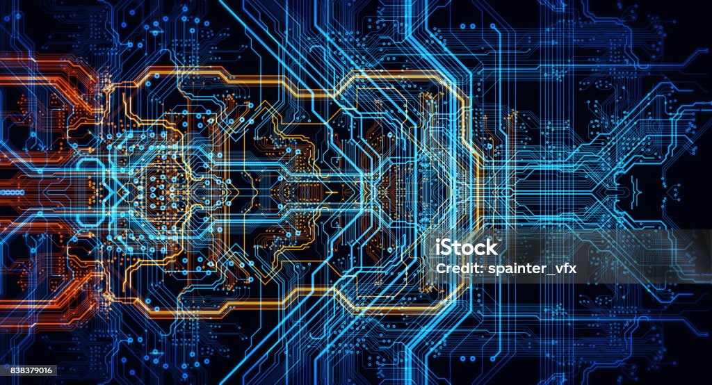 Orange,  blue technology background Circuit board futuristic server code processing. Orange,  green, blue technology background with bokeh. 3d Illustration. Electronics Industry Stock Photo