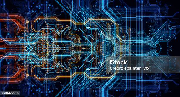 Orange Blue Technology Background Stock Photo - Download Image Now - Electronics Industry, Circuit Board, Electrical Equipment