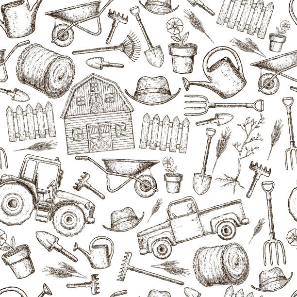 Seamless background of farming Seamless background of colorful sketch farming equipment icons. Farming tools and agricultural machines decoration. Vector farmer drawings stock illustrations