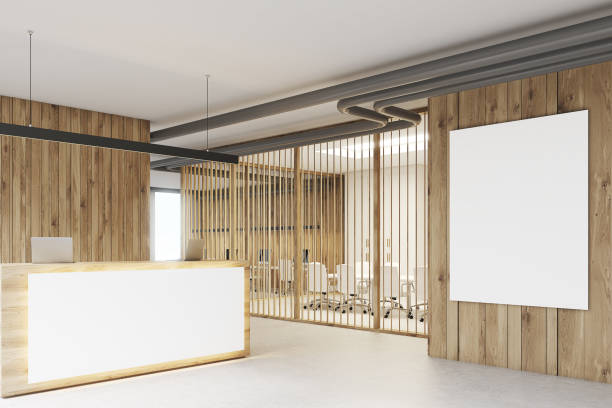 istock White and wooden reception, meeting room 838379822