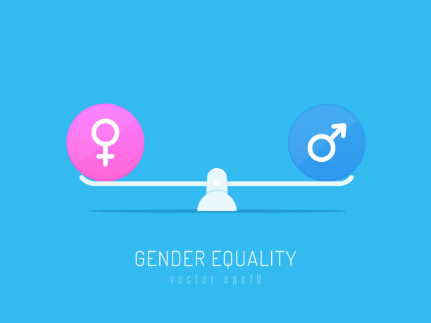 Gender Equality Gender equality concept. Gender symbols balancing on scales. Vector illustration in flat style balance stock illustrations