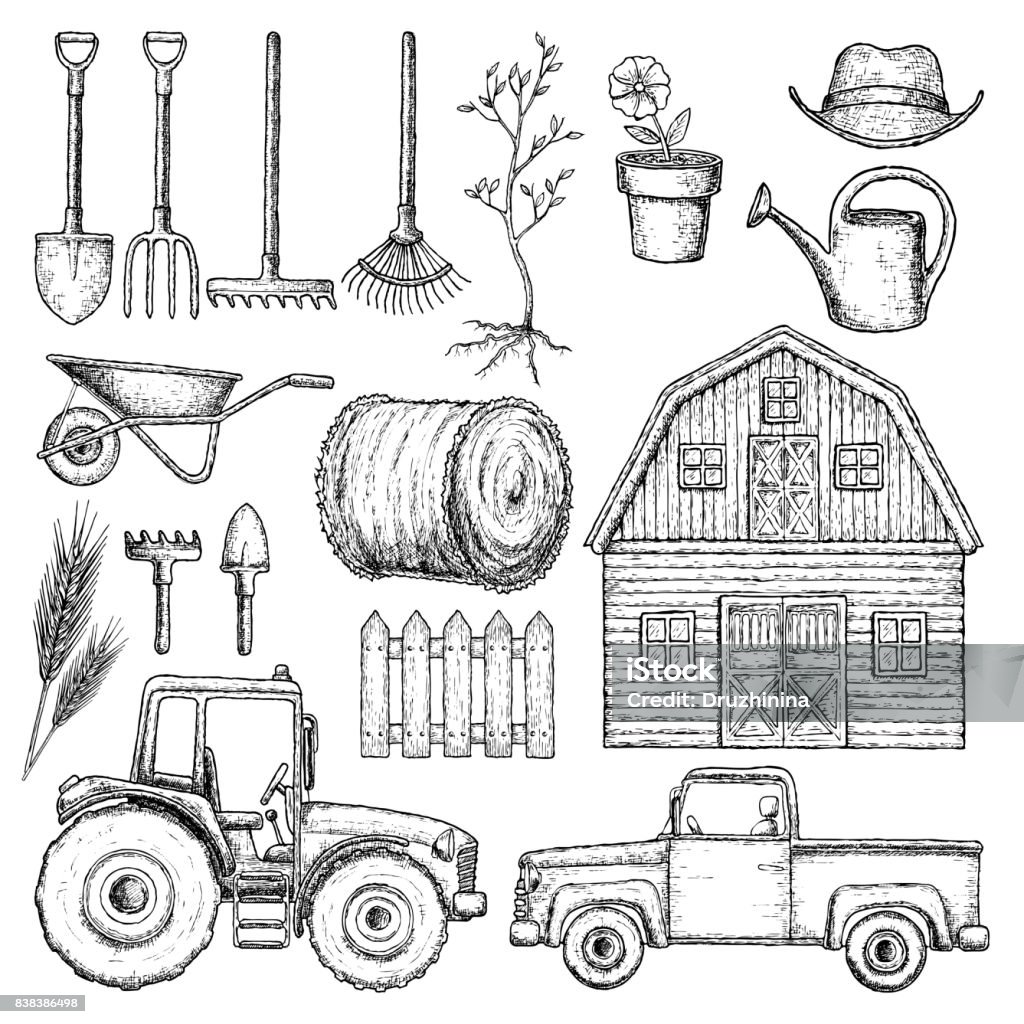 Farming agricultural instruments Set of farming equipment icons. Farming tools and agricultural machines decoration, sketch illustration. Vector Tractor stock vector