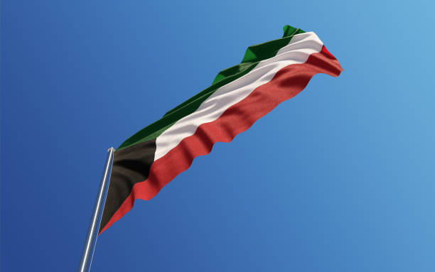 High quality 3d render of a Kuwaiti flag waving with wind on a blue sky. Low angle view with copy space. Clipping path is included. Great use for Kuwaiti politics and Kuwaiti culture related concepts. Horizontal composition.