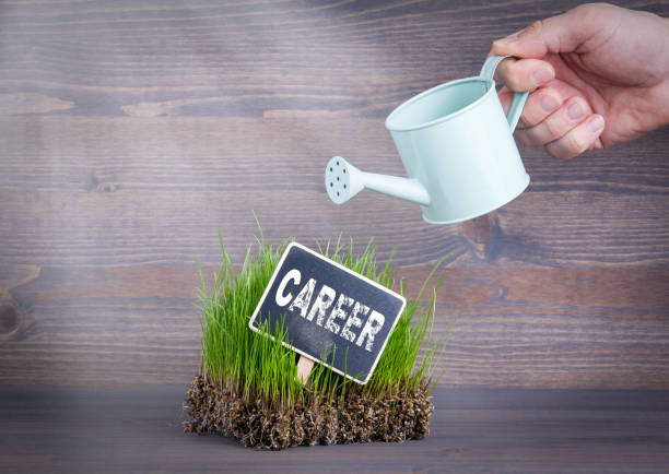 istock Career concept. Fresh and green grass on wood background 838390418