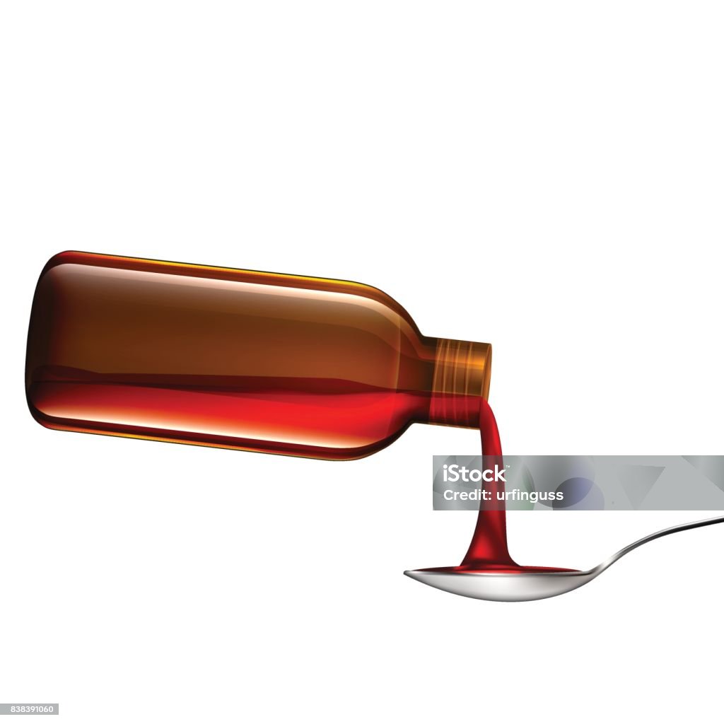 botella de jarabe en cuchara de colada de medicina - arte vectorial de Asistencia sanitaria y medicina libre de derechos