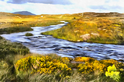Colorful painting landscape near Cnoc Mordain and Loughannilaun lake, Galway county, Ireland