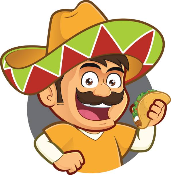 Mexican man holding a taco in round frame - ilustração de arte vetorial