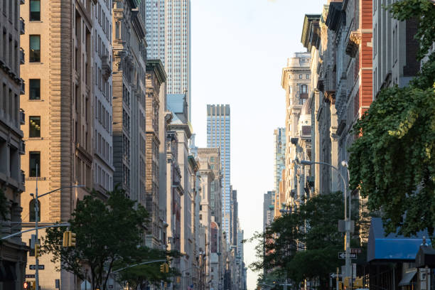 view down fifth avenue in manhattan, new york city with historic buildings lining both sides of the street in nyc - new york canyon imagens e fotografias de stock