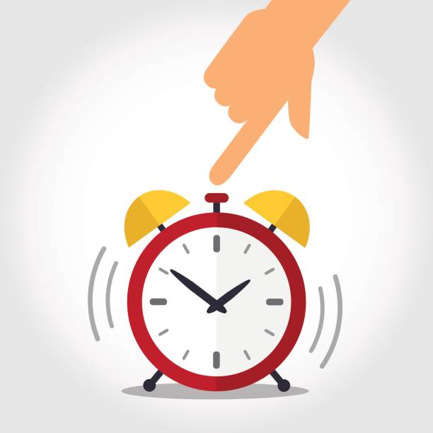 Time to wake up Hand turns off red alarm clock. Time to wake up concept. Vector illustration. alarm clock snooze stock illustrations