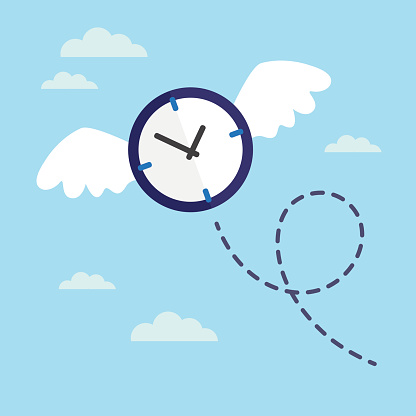 Clock with wings flying in the sky. Lost time concept. Vector illustration