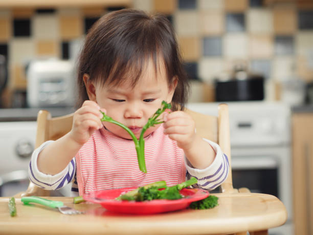 baby girl eating  vegetable at home baby girl eating  vegetable at home eating asparagus stock pictures, royalty-free photos & images