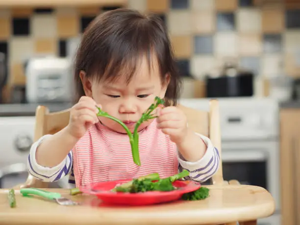 Photo of baby girl eating  vegetable at home