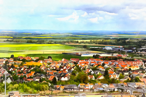 Colorful painting of landscape with small town on foreground, Aisne department, Picardy, France