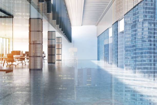 istock Concrete loft office, wooden columns, double 838421478