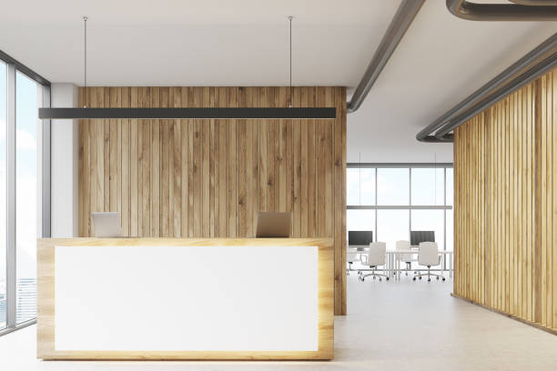 istock White and wooden reception, meeting room front 838425240