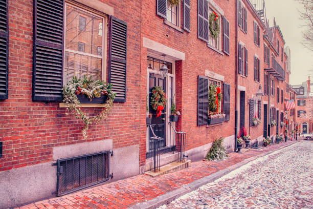 Acorn street in Boston on Christmas
