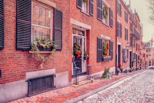 Photo of Acorn street in Boston on Christmas