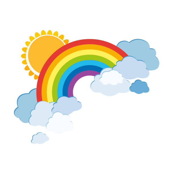 illustrations, cliparts, dessins animés et icônes de arcs-en-ciel colorés avec des nuages et soleil. bande dessinée illustration isolé sur fond blanc. vector - white background concepts transparent red