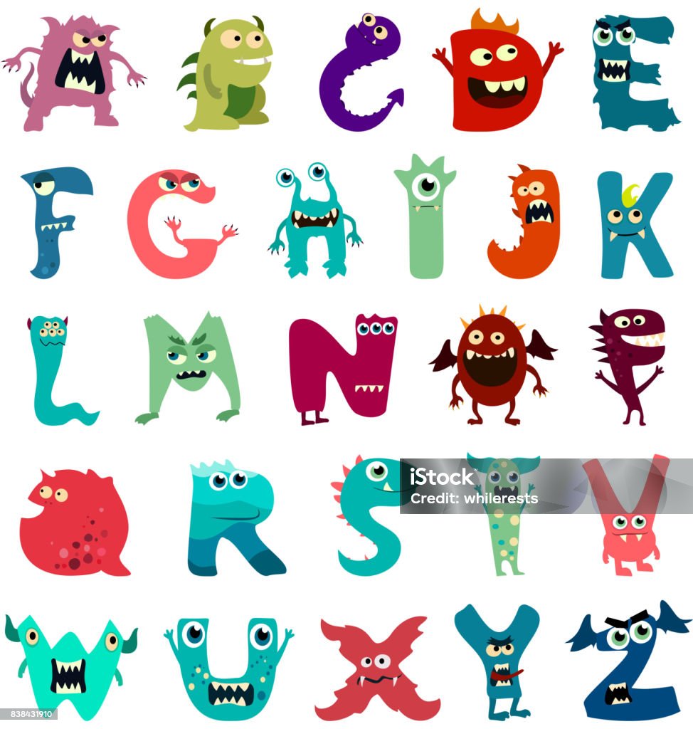 Cartoon flat monsters alphabet big set icons. Colorful monster kids toy cute monsters tongue. Vector Cartoon flat monsters alphabet big set icons. Colorful monster kids toy cute monsters tongue. Vector EPS10 Alphabet stock vector