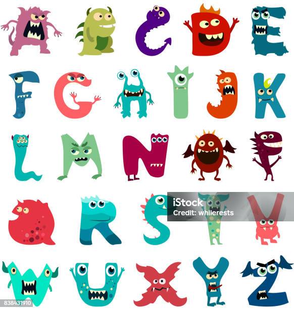Cartoon Flat Monsters Alphabet Big Set Icons Colorful Monster Kids Toy Cute Monsters Tongue Vector Stock Illustration - Download Image Now