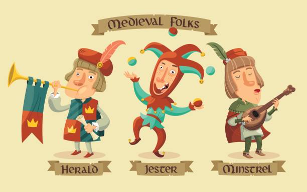 Medieval characters set Set of Medieval court entertainers and messengers: a herald blowing his trumpet, a juggling jester and a minstrel with his lute. fool stock illustrations