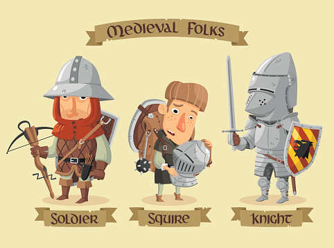 Medieval fighters set: A soldier ready for battle, a knight in a heavy armor and a young squire cleaning his master´s helmet.