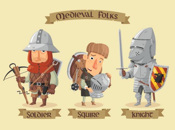Medieval characters set Medieval fighters set: A soldier ready for battle, a knight in a heavy armor and a young squire cleaning his master´s helmet. cartoon of a paladin stock illustrations