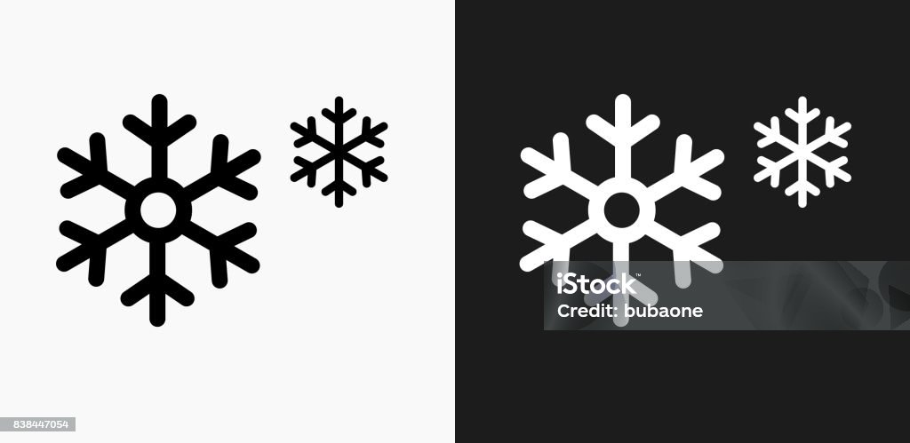 Snowflakes Icon on Black and White Vector Backgrounds Snowflakes Icon on Black and White Vector Backgrounds. This vector illustration includes two variations of the icon one in black on a light background on the left and another version in white on a dark background positioned on the right. The vector icon is simple yet elegant and can be used in a variety of ways including website or mobile application icon. This royalty free image is 100% vector based and all design elements can be scaled to any size. Snowflake Shape stock vector