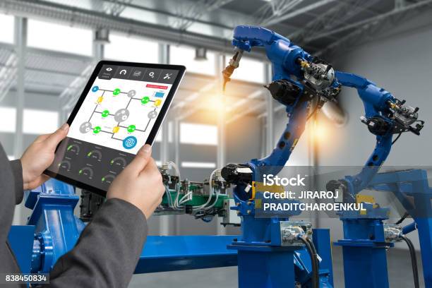 Engineer Hand Using Tablet Heavy Automation Robot Arm Machine In Smart Factory Industrial With Tablet Real Time Process Control Monitoring System Application Industry 4th Iot Concept Stock Photo - Download Image Now