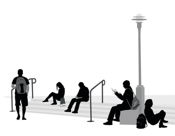 Between College Classes A vector silhouette illustration of college students resting on steps outside at their college campus. lunch silhouettes stock illustrations