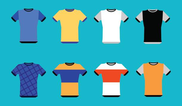 istock Types of jerseys set. simple icons of main jerseys . Yellow, red, blue, white pullovers isolated on blue background. Flat design Vector 838457086