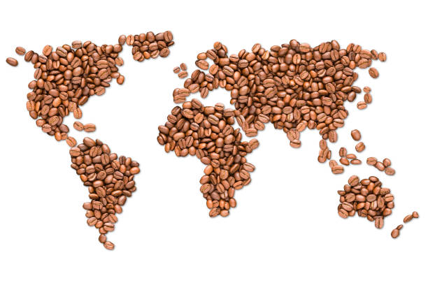 Roasted coffee beans earth map isolated on white background stock photo