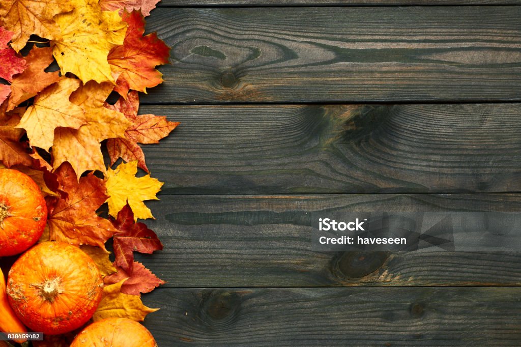 Autumn leaves and pumpkins over old wooden background Autumn leaves and pumpkins over old wooden background with copy space Backgrounds Stock Photo
