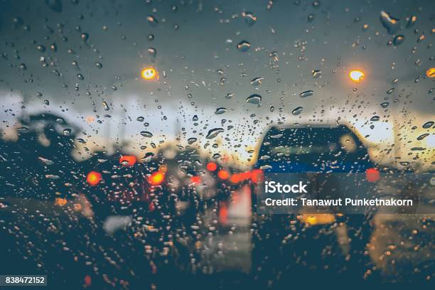 Abstract Blurred Background Of Traffic Jam On Heavy Rain Stock Photo - Download Image Now