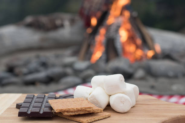 Smores Ingredients at a Beach Bonfire with Chocolate, Marshmellow, and Graham Crackers with Room for Copy Smores Ingredients at a Beach Bonfire with Chocolate, Marshmellow, and Graham Crackers with Room for Copy smore photos stock pictures, royalty-free photos & images