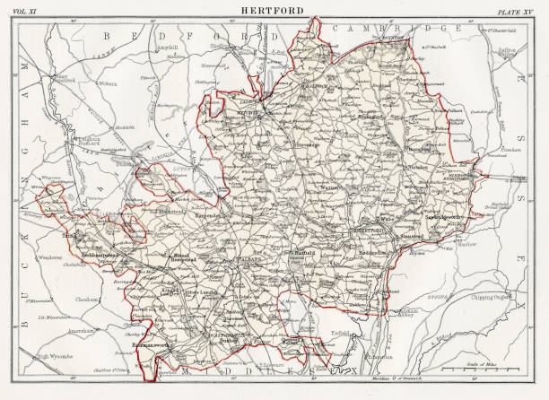 Map of Hertford 1883 Encyclopedia Britannica 9th Edition New York Samuel L. Hall 1883 Vol XI essex england illustrations stock illustrations