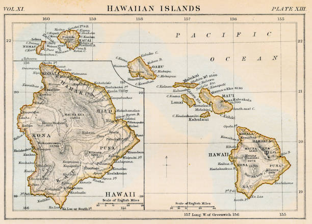 ilustraciones, imágenes clip art, dibujos animados e iconos de stock de mapa de islas hawaianas 1883 - dormant volcano illustrations
