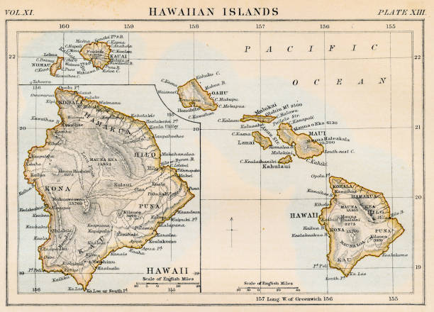 ilustrações de stock, clip art, desenhos animados e ícones de map of hawaiian islands 1883 - dormant volcano illustrations