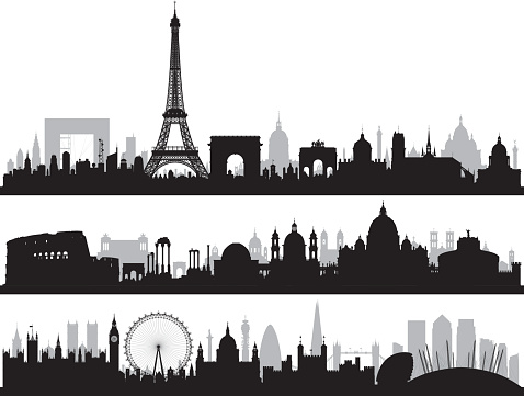 Paris, Rome and London skylines. All buildings are highly detailed, complete and moveable.
