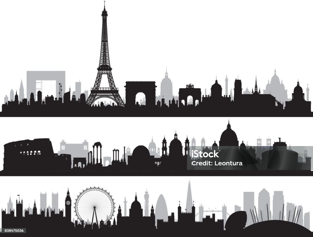 Paris, Rome, and London, All Buildings Are Complete and Moveable. Paris, Rome and London skylines. All buildings are highly detailed, complete and moveable. Urban Skyline stock vector