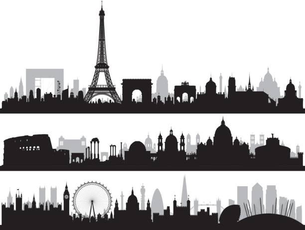 Paris, Rome, and London, All Buildings Are Complete and Moveable. Paris, Rome and London skylines. All buildings are highly detailed, complete and moveable. paris stock illustrations
