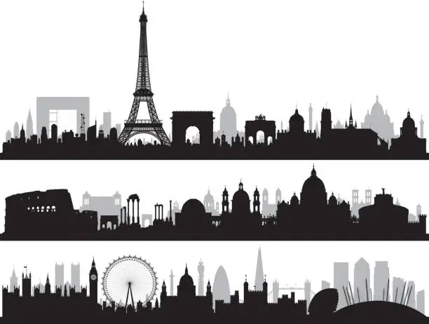 Vector illustration of Paris, Rome, and London, All Buildings Are Complete and Moveable.