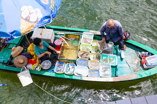 A fisherman separates his live seafood catch into plastic containers on a boat at Sai Kung's floating seafood market. Every day, fishermen in boats alongside the Sai Kung harbor sell their fresh seafood to the public on the pier and local seafood restaurants.