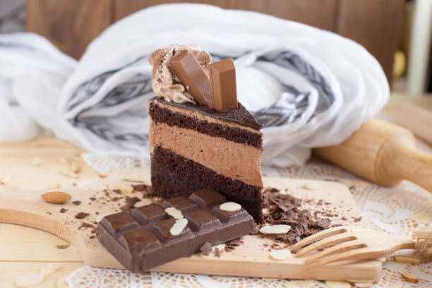 istock chocolate cake slice with chocolate cream and chocolate bar. cake background concept 838477204