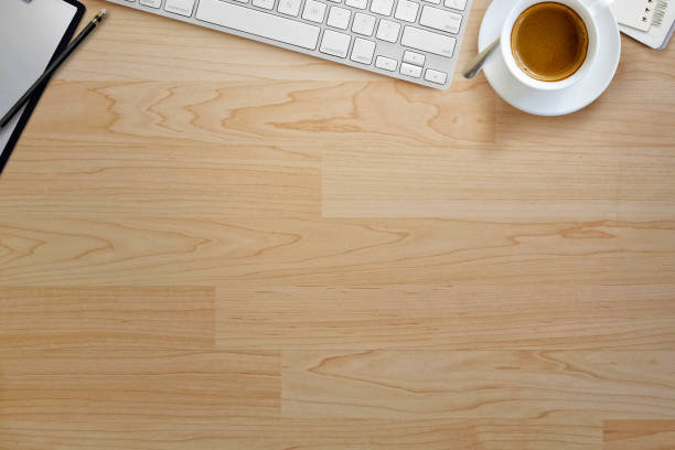 istock Mock up : Wood modern work space desk table with desktop computer and office supplies. Copy space for text or products montage 838481272