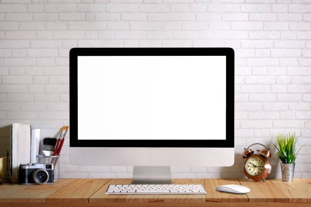 istock Desk space modern home decor mock up desktop computer with camera, dummy, houseplant. Artist workspace. 838481360