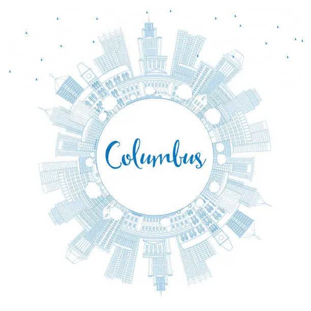 Vector illustration of Outline Columbus Skyline with Blue Buildings and Copy Space.